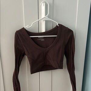 Garage brown ribbed Long Sleeve Crop Top